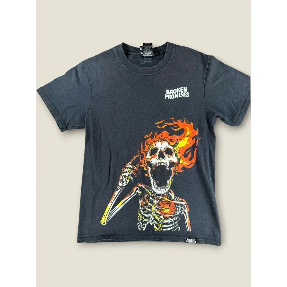 Broken Promises Mens Flaming Skull Skeleton Graphic T Shirt Black Lg Streetwear